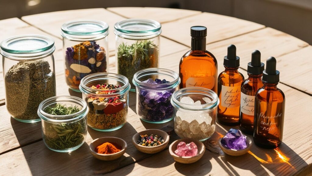 Uma mesa com potes de ingredientes naturais e frascos contendo extratos de plantas. (1)